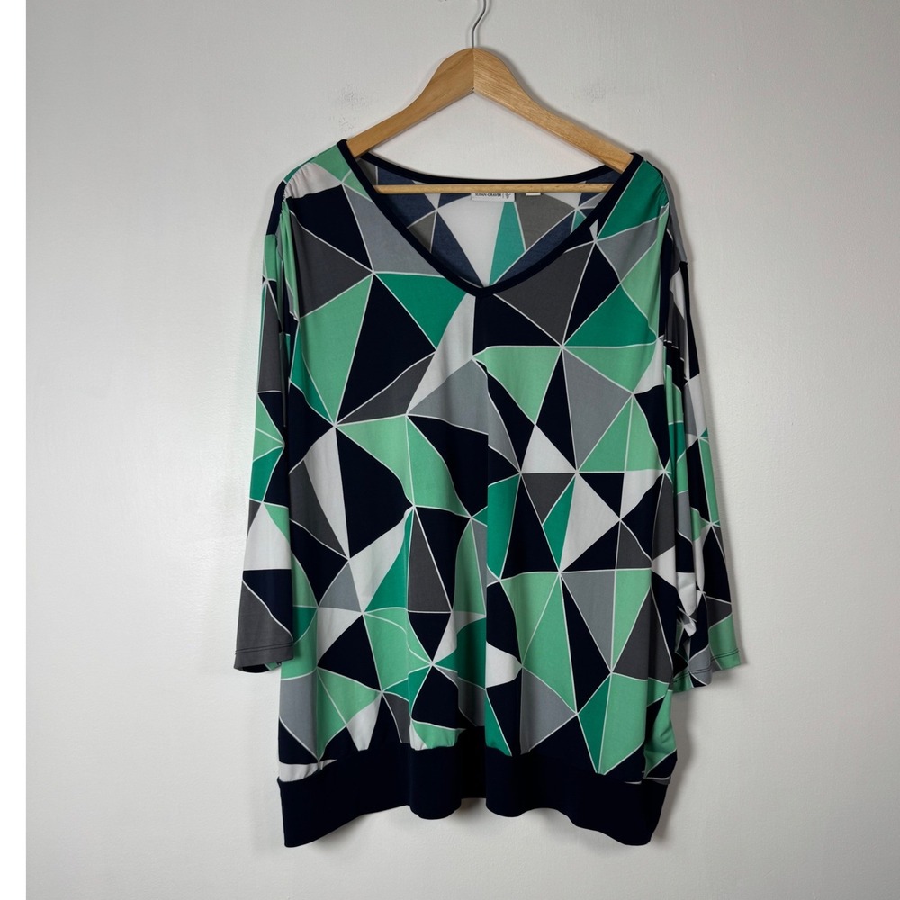 Geometric Mod Susan Graver Womens 3X Tunic Top Green Navy Blue 3/4 Sleeve V-Neck